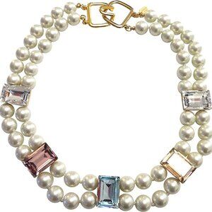 KENNETH JAY LANE , 2 ROW PEARL NECKLACE WITH PASTEL OR JEWEL TONE CRYSTALS